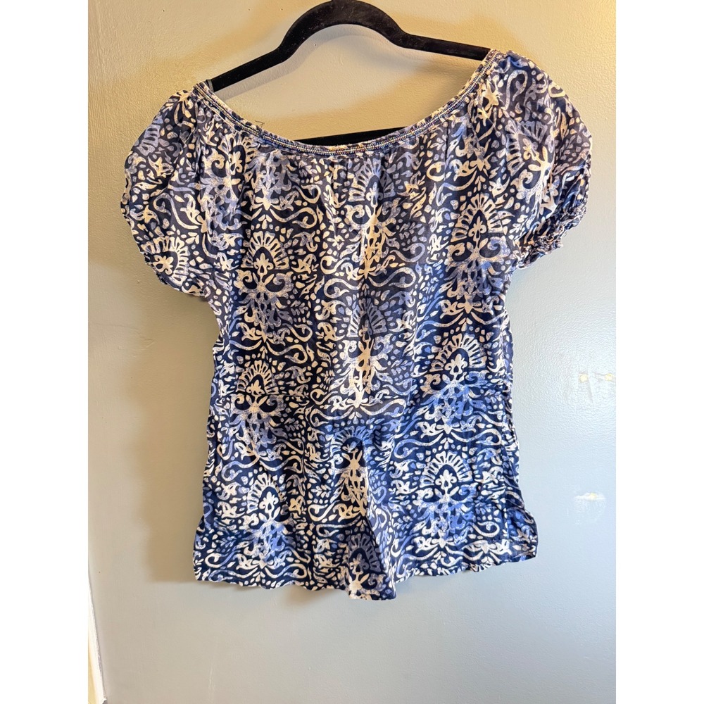 Lucky Brand Navy White Paisley Beaded Neckline Cotton Blouse XS Short Sleeve - Picture 11 of 16